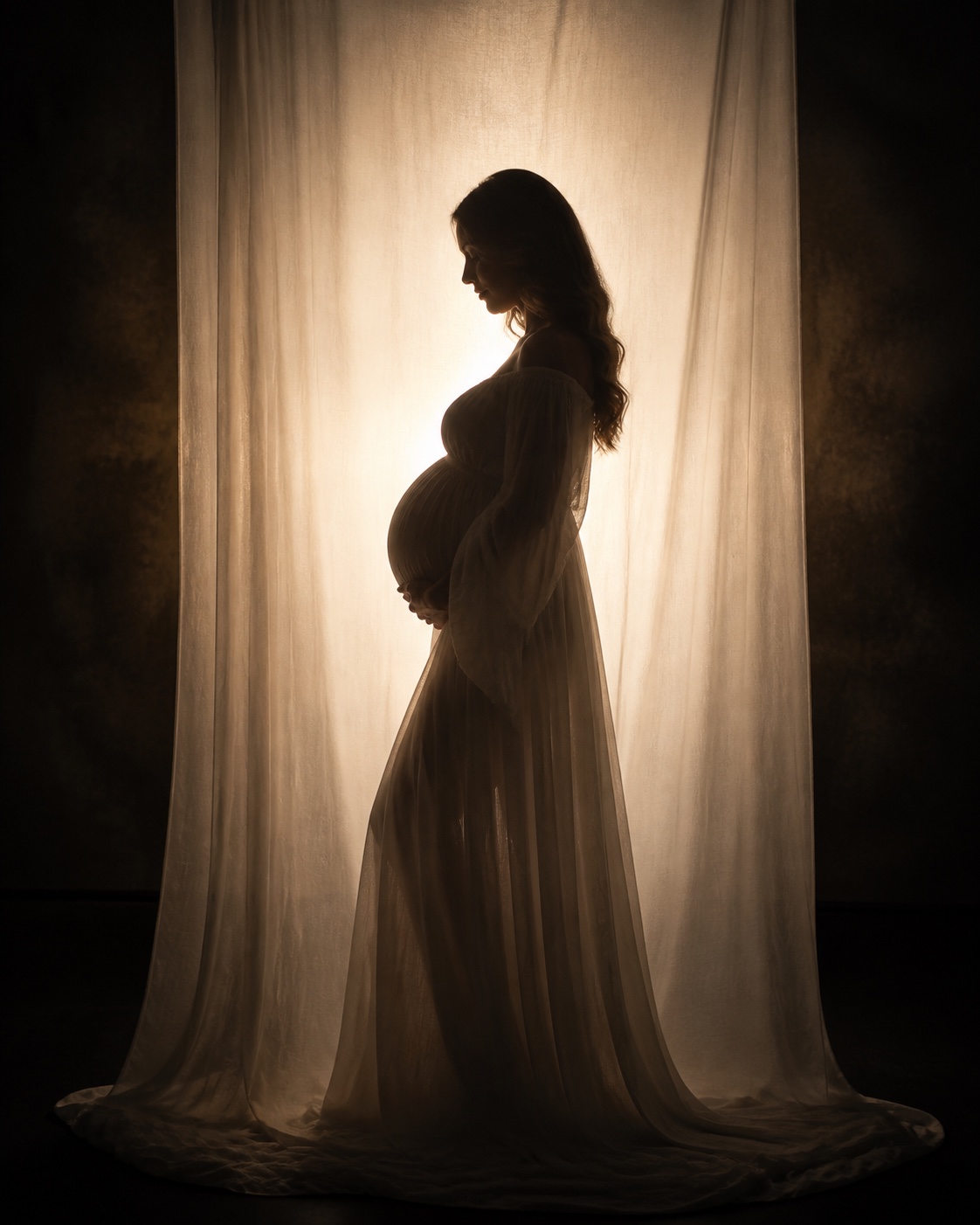 Backlit maternity silhouette behind a translucent studio scrim